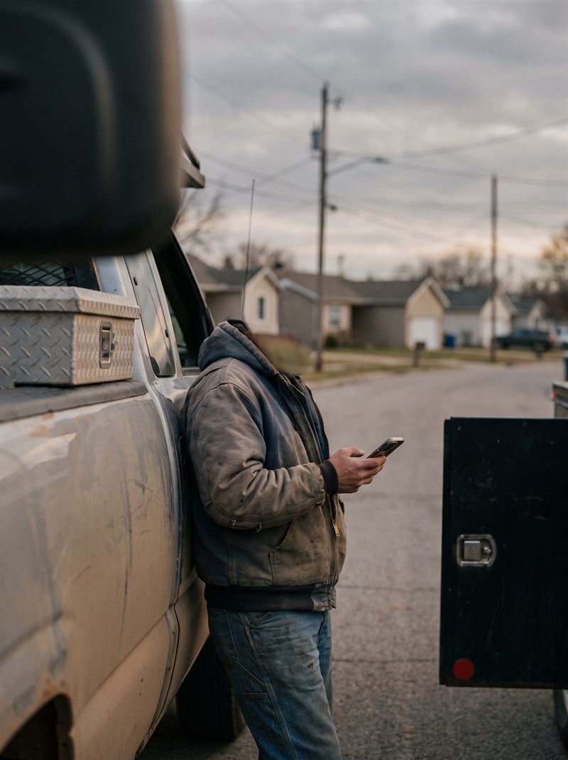 A tradesperson in a work jacket leaning on his truck, checking his phone on a residential street
