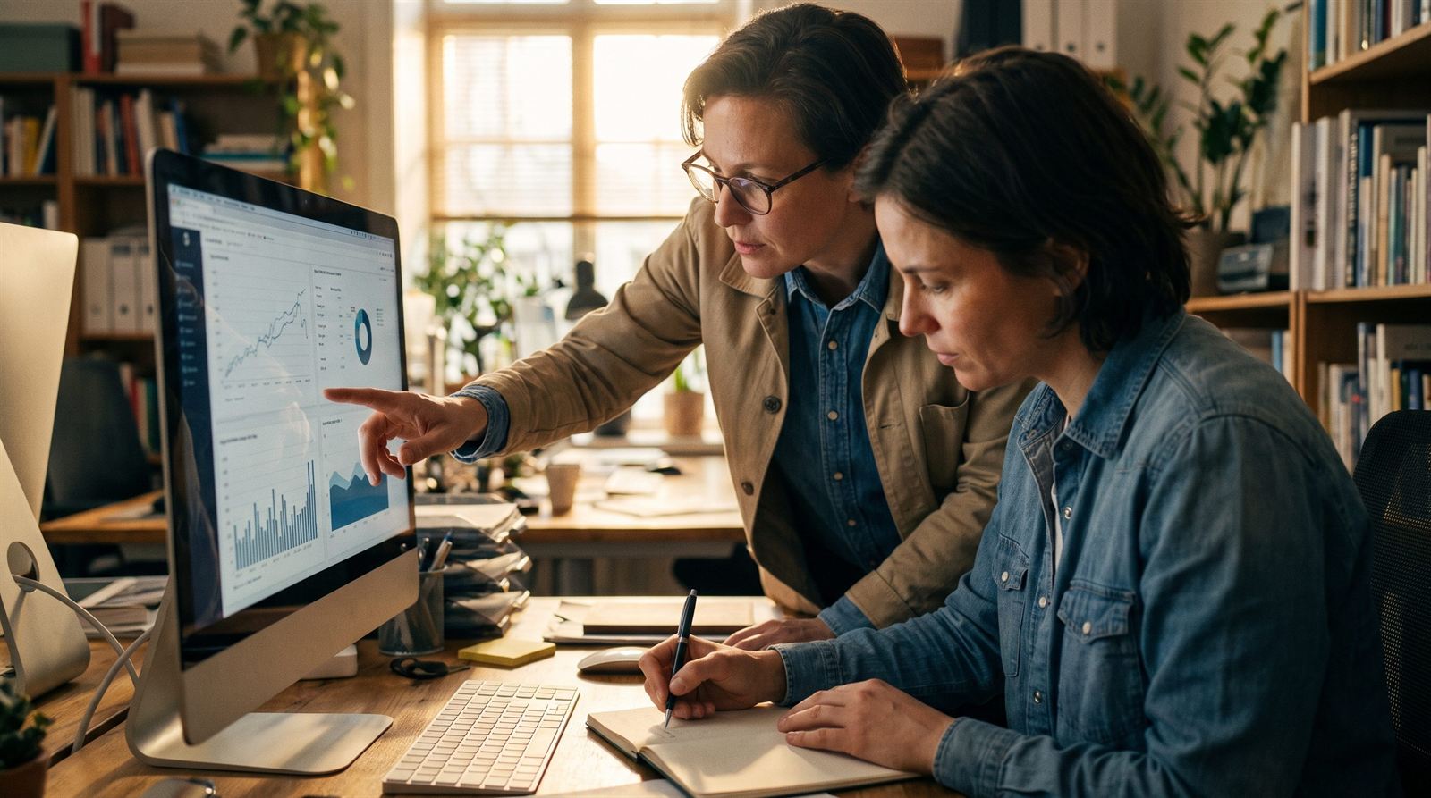 Two people at a desk reviewing live visitor data on a monitor, one pointing at a chart while the other takes notes