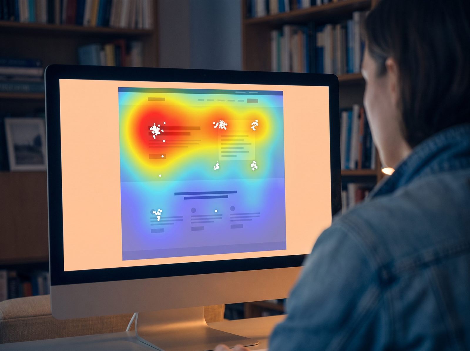 A heatmap over a web page on a monitor, warm colours marking where visitors clicked and how far they scrolled