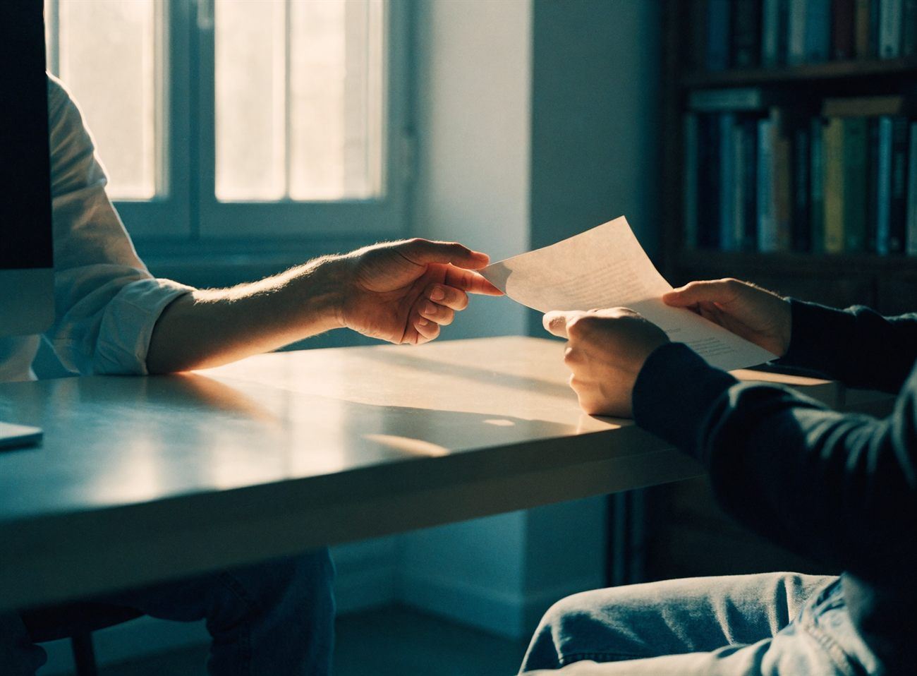 An advisor handing a document across a desk to a client in a quiet office lined with books