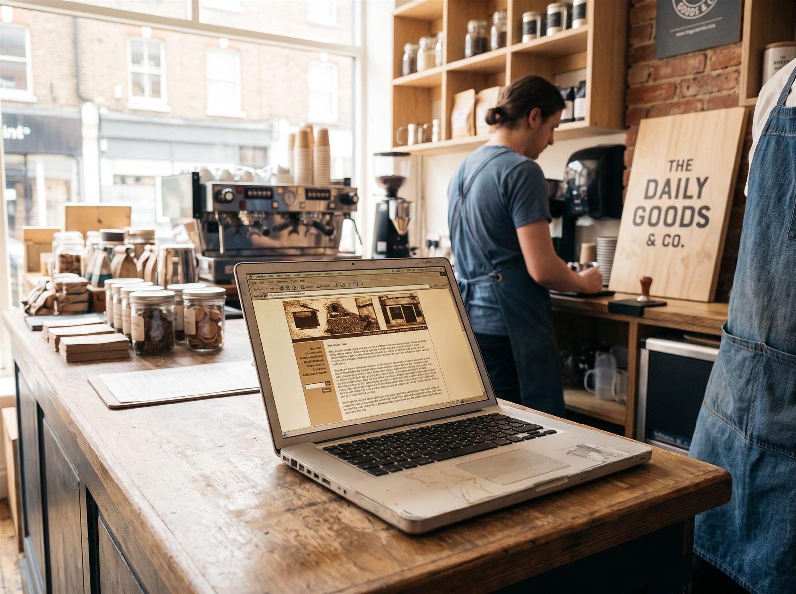 A laptop on a café counter showing a dated website while staff work at the espresso machine behind it